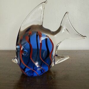 Hand Blown Glass Art Fish Murano-style Paperweight Figurine Blue & Red Stripes